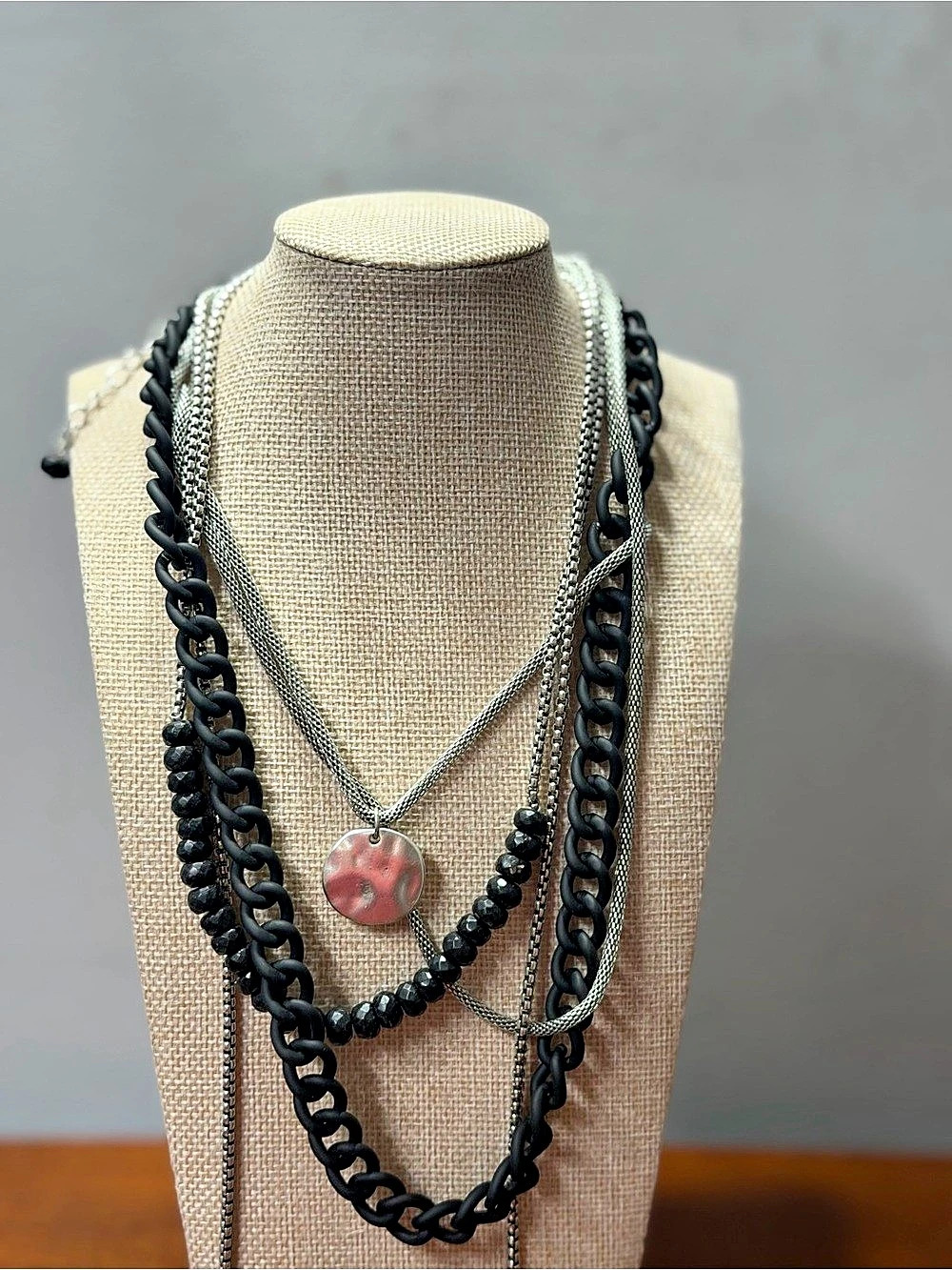 Chico's Layered Pendant Necklace in Black & Silver Like New